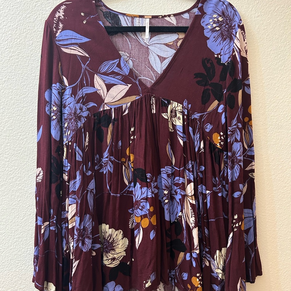 Free People Plum Floral V-Neck Top or mini dress